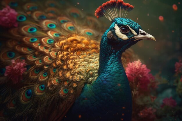 A peacock with a blue tail and a green tail