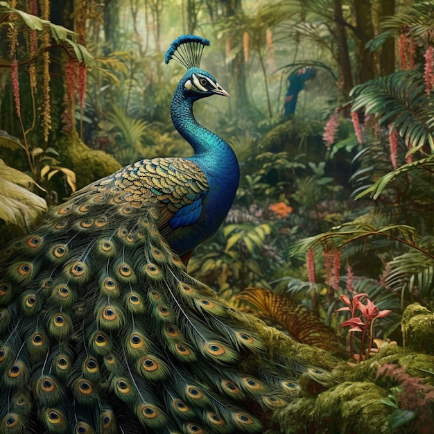 A peacock with a blue tail is in the forest.