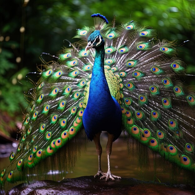 a peacock with a blue tail is standing in front of a pond