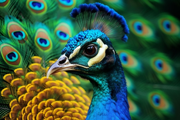 A peacock with a blue and yellow feathered head.