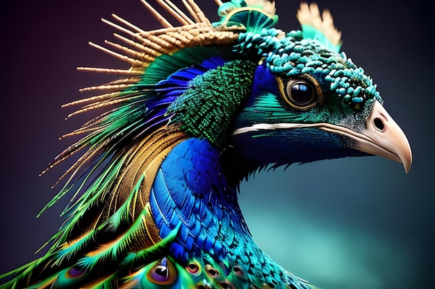 A peacock with a colorful feather on its head