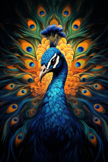 Peacock with colorful feathers on black background Vector illustration