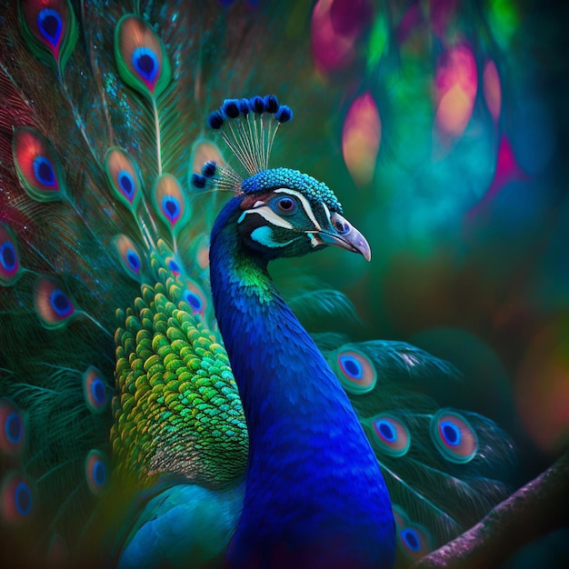 Peacock with colorful feathers and feathers on a dark background generative ai