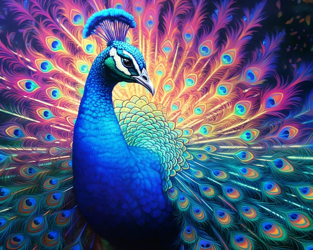 peacock with colorful feathers and feathers spread out in front of a black background generative ai