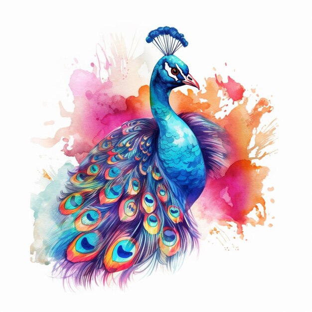 Peacock with colorful feathers on a white background with watercolor splashs generative ai