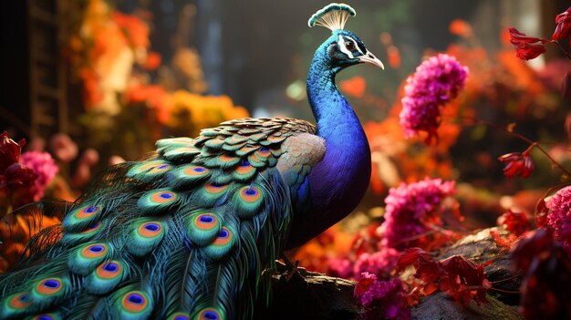 Foto un pavone con una coda colorata è mostrato su uno sfondo verde