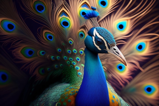 A peacock with a colorful tail is shown with the word peacock on it.