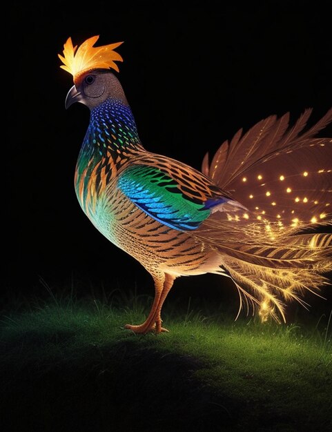 a peacock with a colorful tail is standing in the grass.