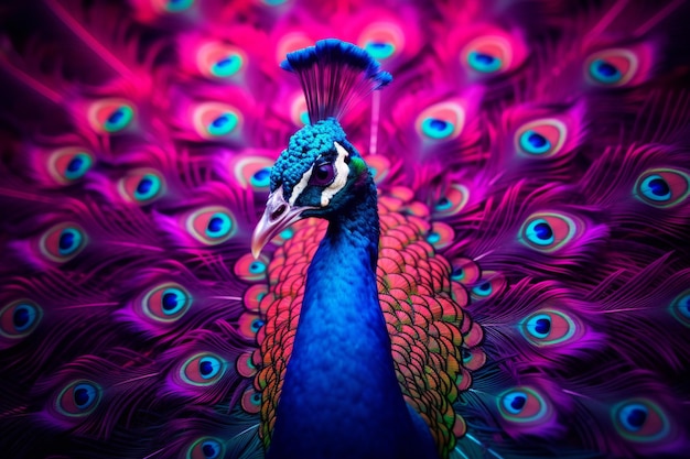 Peacock with colorful vibrant purple feathers out Beautiful peacock bird with feathers