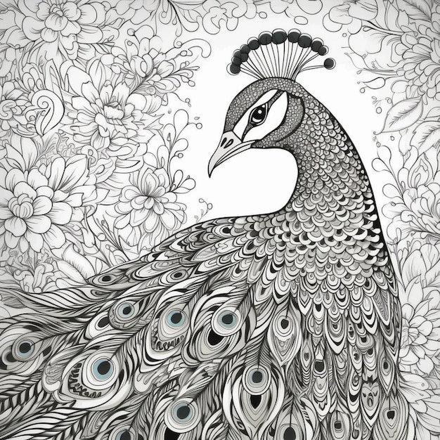 Peacock with feathers and flowers in the background generative ai