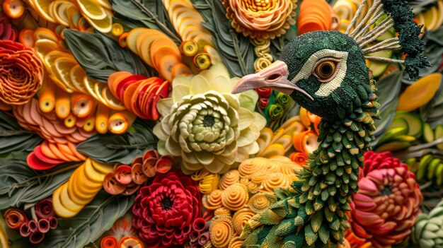 A peacock with feathers made of vibrant vegetable slices