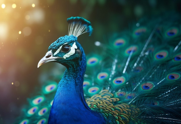 peacock with feathers spread out in front of a blurry background generative ai