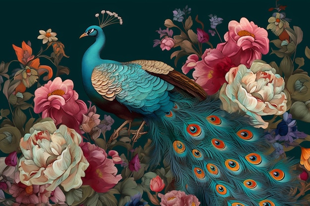 A peacock with flowers and a bird on his back