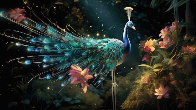 a peacock with flowers and a bird on its back