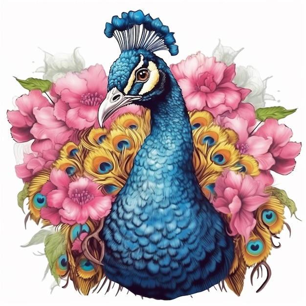 Peacock with flowers and leaves on head generative ai