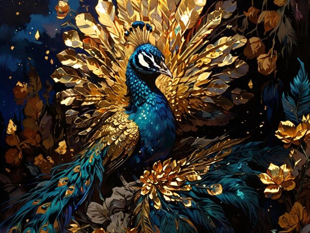 Photo a peacock with gold and blue feathers is shown in a painting