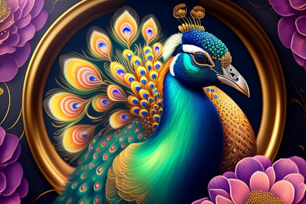 A peacock with a golden frame and a green tail.