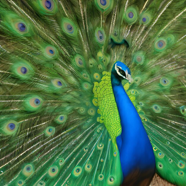 Photo a peacock with a green and blue body and a blue tail