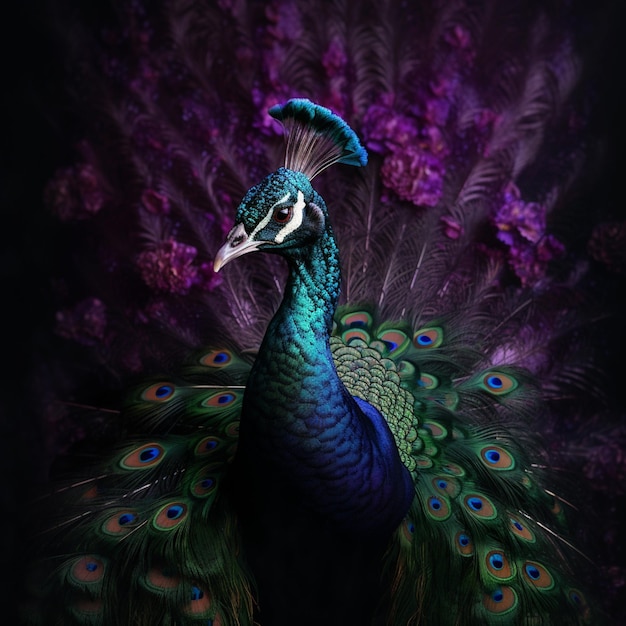 Photo a peacock with a green head and a blue tail.