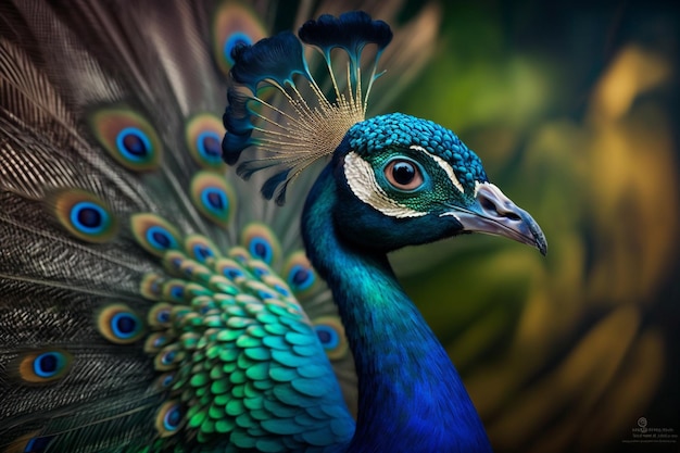 A peacock with a green tail and blue feathers