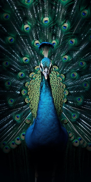 A peacock with a green tail and blue feathers