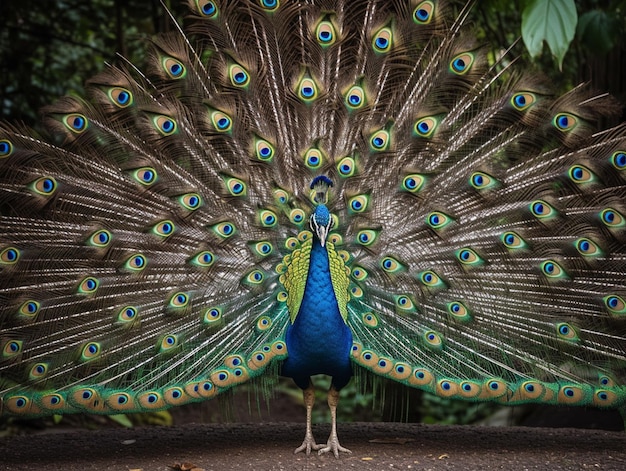 A peacock with its tail feathers spread out in front of a green background.