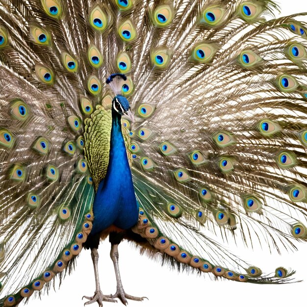 A peacock with its tail spread out white background