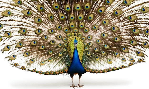 A peacock with its tail spread out white background