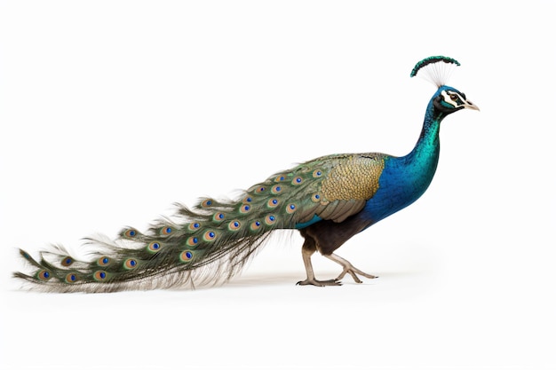 a peacock with a long tail standing on a white surface