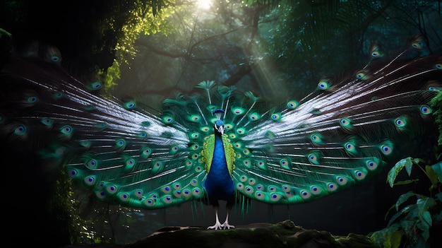 A peacock with many feathers showing off