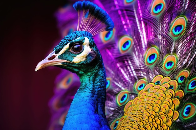 Peacock with open tail Close up shot of a peacocks colorful plumage Generative AI