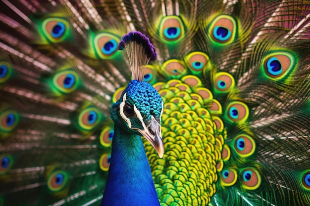 Peacock with open tail in metallic colors Close up shot of a peacocks colorful plumage Generative AI illustration