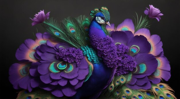 A peacock with a purple flower in the middle by Generative AI