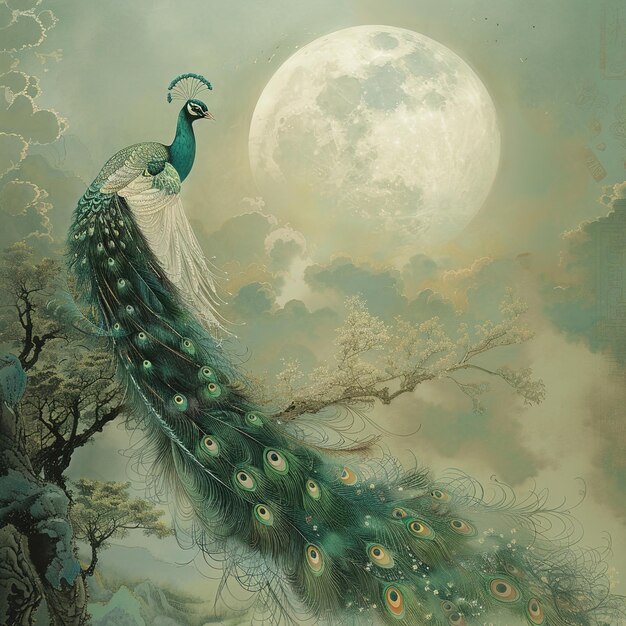 Photo a peacock with a white dress on its back is shown with a full moon in the background