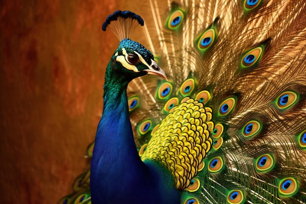 A peacock with a yellow tail and blue feathers