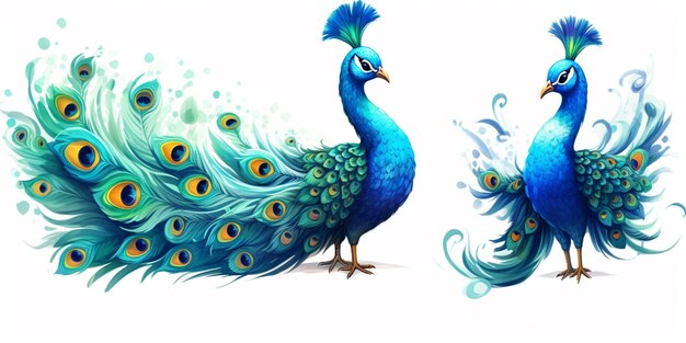 peacocks with blue feathers and green feathers are standing next to each other generative ai