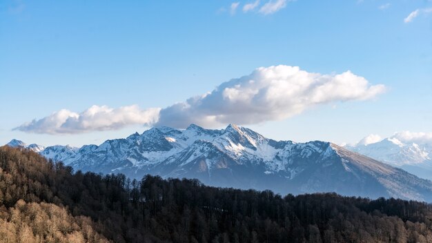 雪に覆われた山の頂上、ロシアのソチの冬。