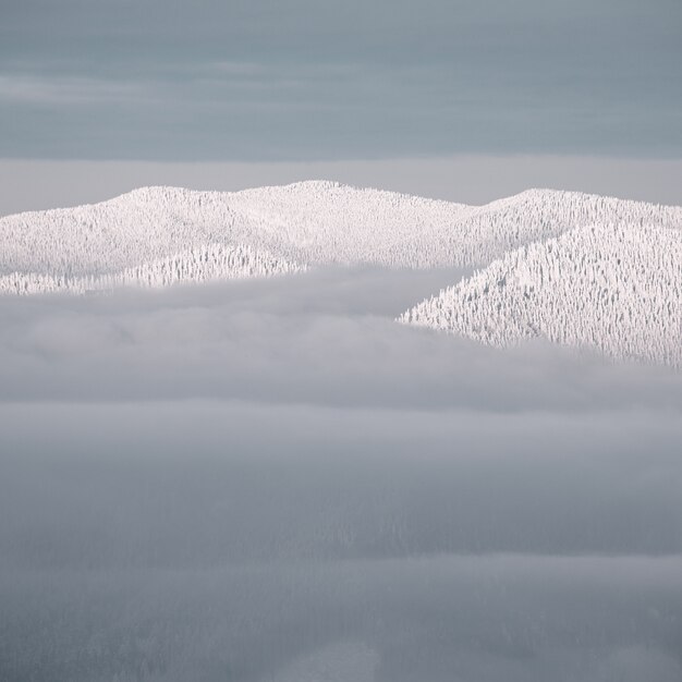 Peak of mountains in snow above clouds