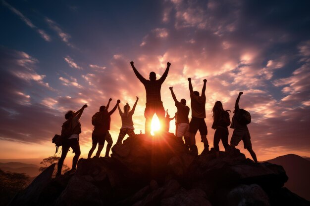 Peak triumph silhouettes a top mountain joyous group celebrates team success embodying shared victories harmonious collaboration euphoria of collective achievement in natures majestic embrace