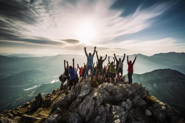 Photo peak triumph silhouettes a top mountain joyous group celebrates team success embodying shared victories harmonious collaboration euphoria of collective achievement in natures majestic embrace