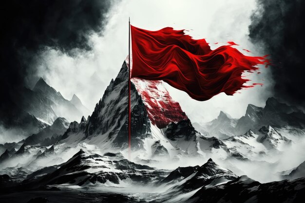 Peak with red flag blowing in the wind surrounded by majestic mountains created with generative ai