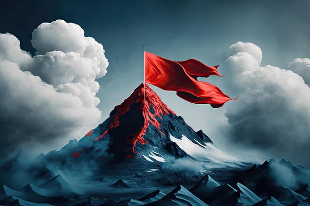 Peak with red flag surrounded by misty clouds and blue sky created with generative ai