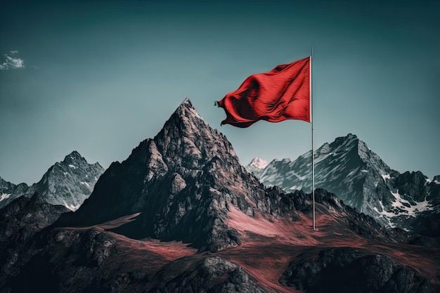 A peak with red flag surrounded by a stunning mountain range and blue sky created with generative ai