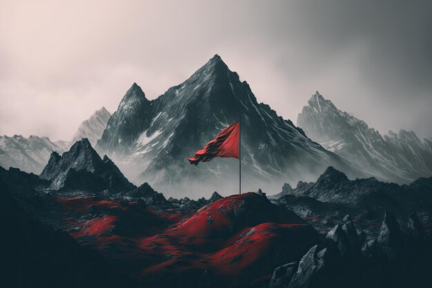 Peak with red flag and view of misty mountain range created with generative ai