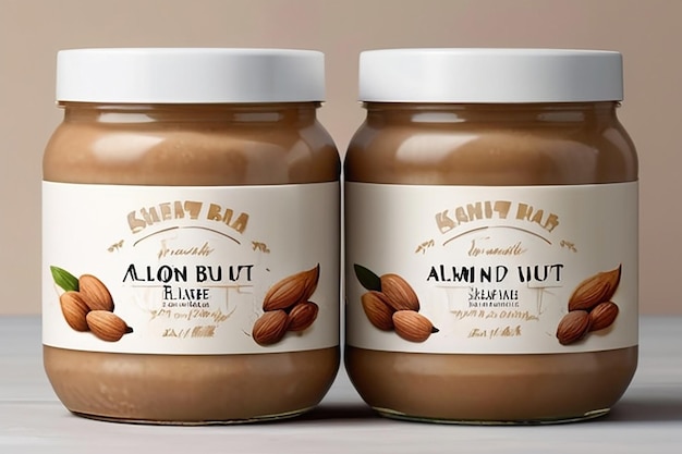 Photo peanut almond nut butter jar mockup three jars blank label