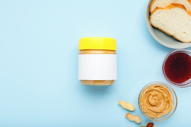 peanut butter, creamy peanut paste.Top view, flat lay.