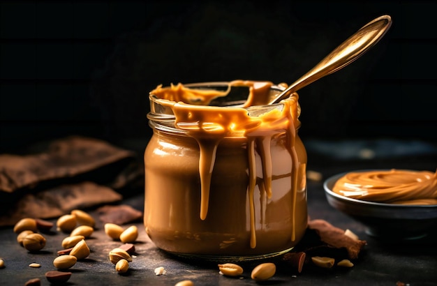 Peanut butter in a jar with a spoon