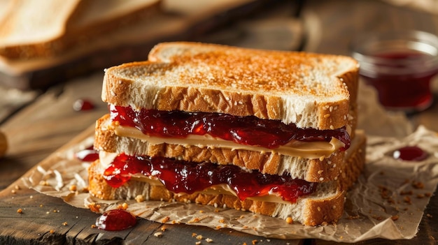 Peanut butter and jelly sandwich on toasted bread