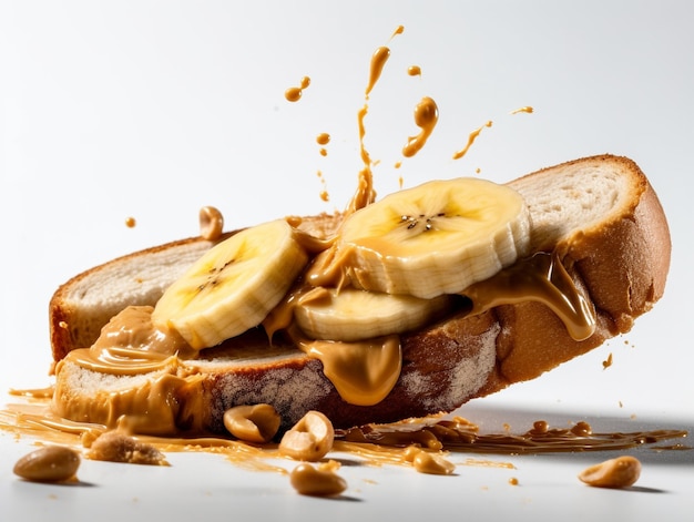 Photo a peanut butter sandwich with bananas and peanut butter on it.