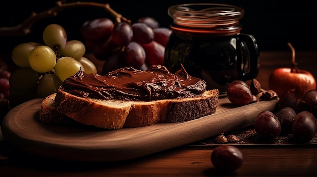A peanut butter spread on a bread with grapes in the background